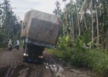 Bawa Muatan Berlebih, Mobil Tumbang di Jalan Rusak