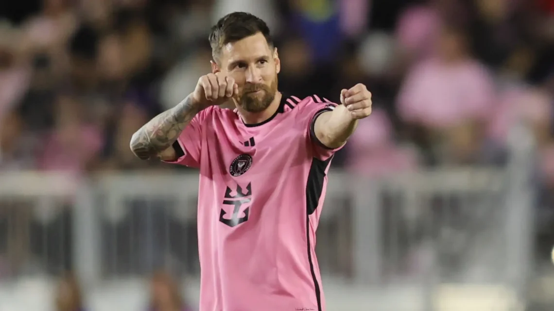 Inter Miami forward Lionel Messi (10) celebrates after scoring a goal against Colorado Rapids in the second half of their MLS match at Chase Stadium on Saturday, April 6, 2024, in Fort Lauderdale, Fla. MATIAS J. OCNER mocner@miamiherald.com