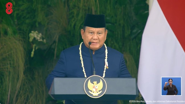President Prabowo urges prayers for people affected by disasters during Indonesia’s 81st Independence Day celebrations. (Screenshot from the Presidential Secretariat’s YouTube channel)