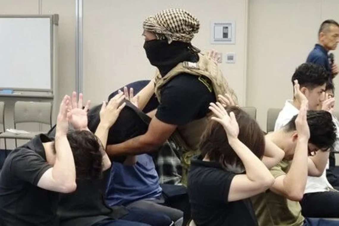 Japan’s foreign ministry criticised for drills stereotypical depictions of a Middle Eastern or Muslim ‘terrorist’ (X/MofaJapan_jp)