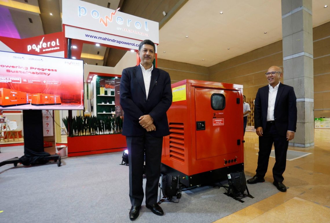 Toto Suharto, Country Manager of RMA Indonesia, speaks with Sanjay Jain, Sr. Vice President & Business Head of Mahindra Powerol, in front of the newly launched generator set at Electricity & Power Indonesia 2026 in Jakarta, Wednesday (Sep 2, 2026).
