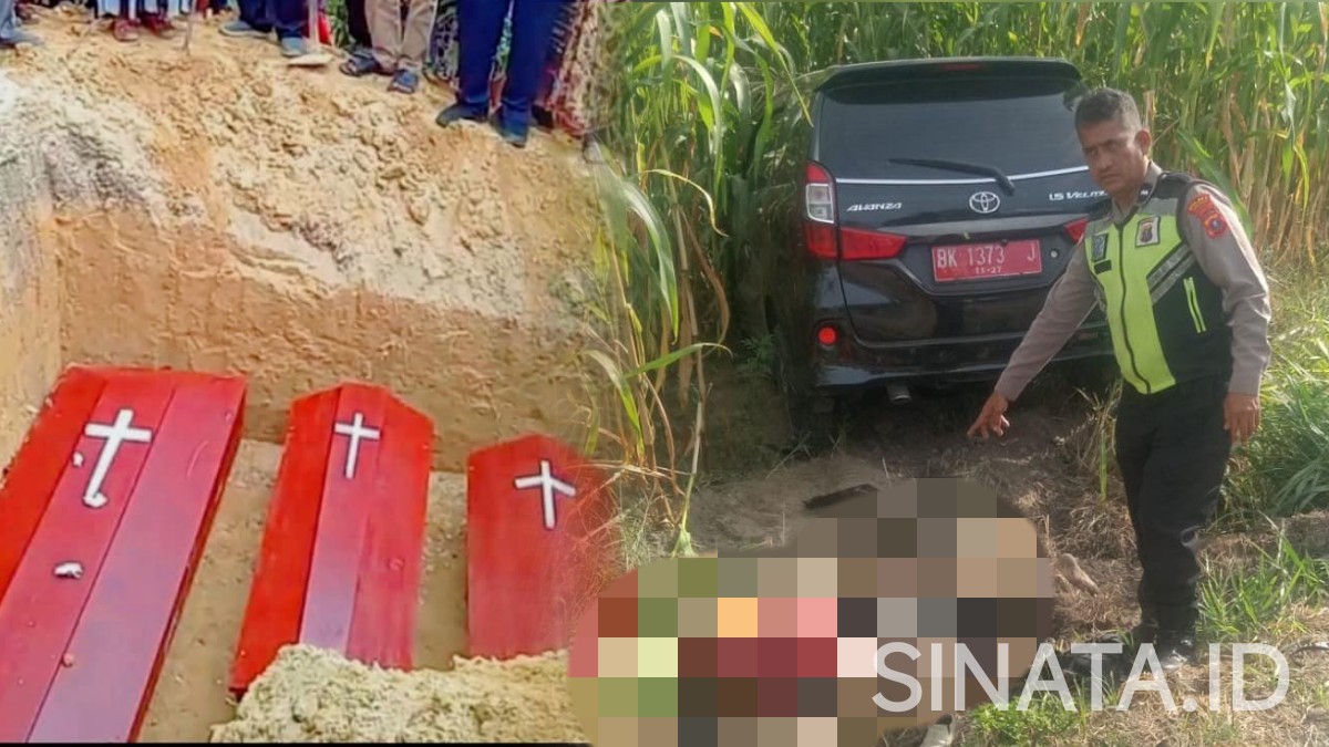 Kolase foto: pemakaman ketiga korban dan mobil dinas yang terlibat kecelakaan. ist