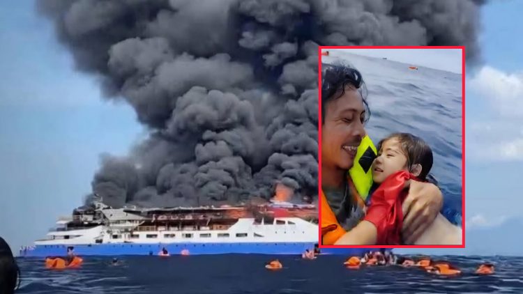 KM Barcelona terbakar di perairan Talise Minahasa Utara, Minggu, 20 Juli 2025. (insert: Abdul Rahman dan balita perempuan). Foto: ist