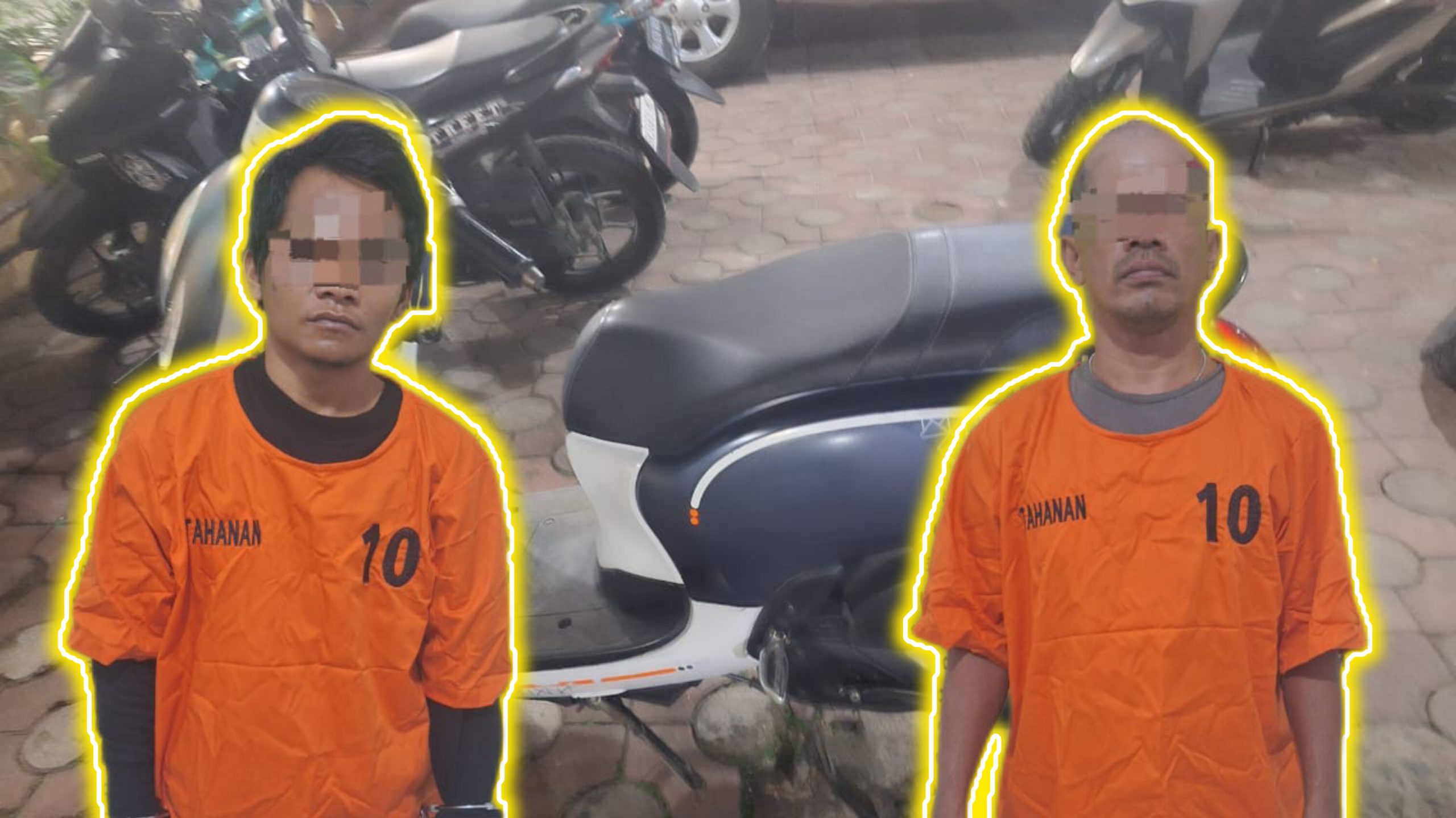 Tersangka PPS (kiri) dan tersangka DPS. Latar foto barang bukti sepeda motor pengemudi ojek. (foto: ist)