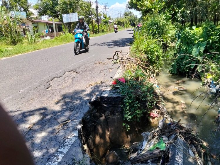 Bahu jalan amblas akibat tergerus irigasi. (foto: sinata/sawal)