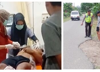 Pengendara sepedamotor Honda Honda Beat BK 3858 TAO Minan Damanik saat kondisi luka berat dan setelah beberapa jam. Jalan rusak penyebab tabrakan