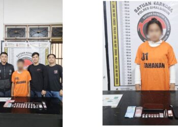 Tersangka Pipi Indriyani dan (23) dan Dedy Syahputra alias Toples beserta barang bukti diamankan di Sat Resnarkoba Polres Simalungun