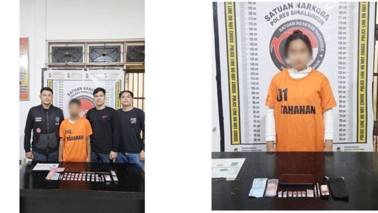 Tersangka Pipi Indriyani dan (23) dan Dedy Syahputra alias Toples beserta barang bukti diamankan di Sat Resnarkoba Polres Simalungun