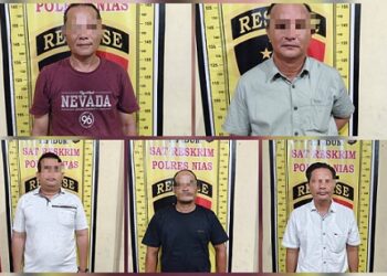 Lima anggota ormas dari 10 orang dan dua dinyatakan buron resmi ditahan Polres Nias. (Foto Ist)