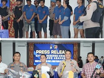 Kapolres Asahan AKBP Afdhal Junaidi, didampingi Wakapolres Kompol Riyadi, Kabag Ops Kompol Sastrawan Tarigan, Kasat Reskrim AKP Ghulam, Kasi Humas Iptu P Sitorus dan Kanit Jatanras Ipda Asido Nababan, dalam konferensi pers pelaku komplotan spesialis toko grosir dengan menghadirkan para pelaku. (Foto Ist)