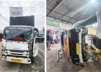 Barang bukti mobil box dan angkot CV Sinar Beringin saat masih di TKP