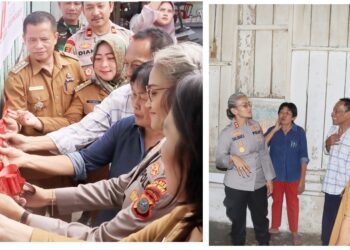 Kapolres Pematangsianțar AKBP Sah Udur T.M Sitinjak SH. SIK. MH pemotongan pita pertanda dilakukannya kegiatan bedah rumah layak huni milik  Bapak Mangapul H. Tambunan