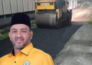 Anggota DPRD Medan Rommy Van Boy dan kawasan Jln Perwira V Medan Sunggal yang telah dibenahi. (Foto Ist)