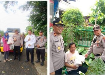 Kapolsek Siantar Selatan IPTU Priston Simbolon bersama Kanit ReskriM IPDA Marlon Hutahean SH, Kanit Binmas AIPTU P. Manurun dan Kanit Provost BRIPKA Fai Silalahi berikan bansos kepada Ibu Pintauli Situmorang dan Bapak Mianson Sidabutar.