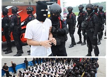 Satuan Brimob Polda Sumut melaksanakan pengamanan dan pengawalan ketat terhadap pemindahan 100 narapidana kategori berisiko tinggi. (Foto Ist)