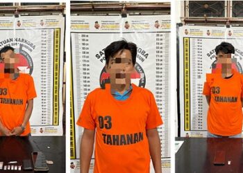 Tersangka Sumantri alias Ridho Maman dan dua anggotanya beserta barang bukti
