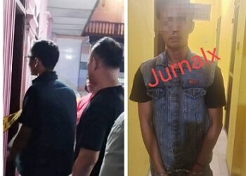Kasat Reskrim IPTU Sandi Riz Akbar STr.K. SIK. MH, Kapolsek Siantar Utara AKP Jahrona Sinaga SH, Kanit Jatanras IPDA Ricardo Rajagukguk S.Sos saat cek TKP.  JS terduga pelaku yang sudah diamankan polisi