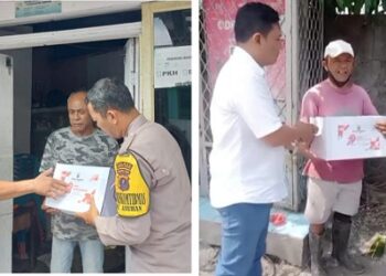 Kanit Intelkam IPDA Syaiful Bahri dan personil piket berikan bansos kepada Bapak Syahrial Nasution dan Jonasib Sitio