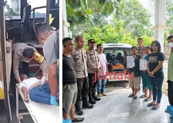 Jenajah SH saat dievakuasi dari dalam Bus Nice Trans dan diserahkan Kapolsek Siantar Utara AKP Jahrona Sinaga kepada keluarga korban 