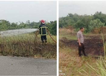 Petugas Damkar saat padamkan api di Lahan Kosong dan personil Polsek Siantar Martoba Cek TKP
