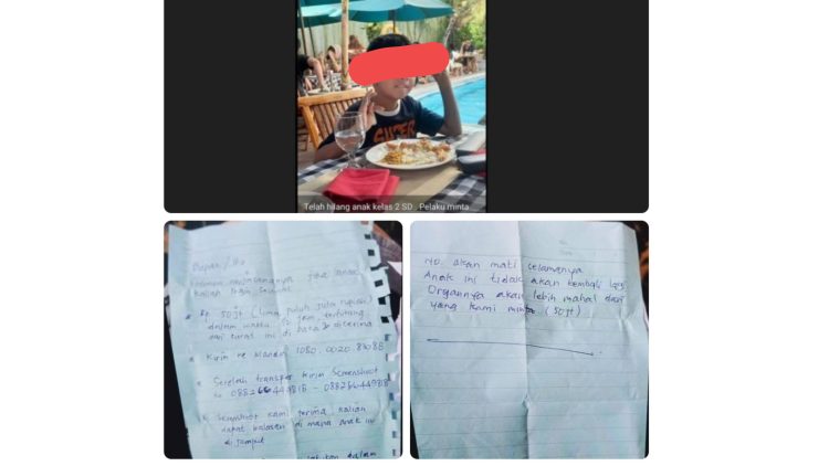 Foto anak yang diculik dan surat yang ditinggalkan dengan tebusan Rp 50 juta. (Foto Ist)