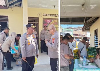 Kapolres) Simalungun AKBP Marganda Aritonang, S.H. S.I.K, MM didampingi Kasat Binmas AKP Dorlan Pasaribu memimpin Gerakan Pangan Murah (GPM) di Pos Polisi Simpang Kerasaan