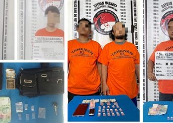 Para tersangka dan barang bukti saat  diamankan di Sat Resnarkoba Polres Pematangsiantar.