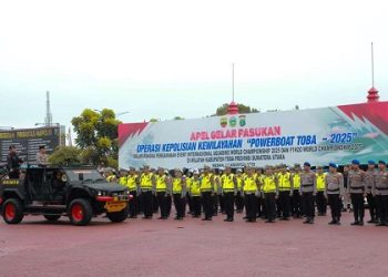 Polda Sumatera Utara menggelar apel gelar pasukan operasi kepolisian kewilayahan “Powerboat Toba 2025”. (Foto Ist)