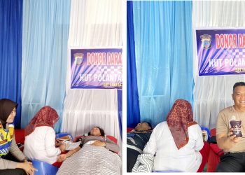 Kasat Lantas IPTU Friska Susana, SH bersama Kanit Regident IPTU Elon Sitinjak, SH dan Kanit Kamsel IPDA Serly Tarigan saat donor darah