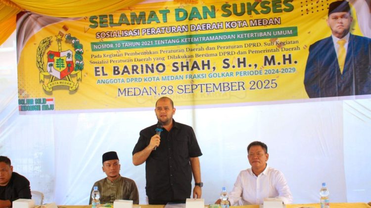 Ketua Fraksi Golkar DPRD Medan El Barino Shah SH MH saat sosper Perda No 10 Tahun 2021 tentang ketentraman dan ketertiban umum. (Foto Ist)