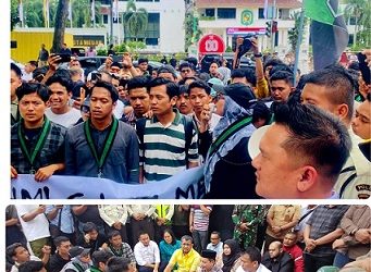 Ketua Komisi 1 DPRD Medan Reza Pahlevi Lubis S Sos ikut turun menemui dan menampung aspirasi massa yang bergabung di Himpunan Mahasiswa Islam (HMI) Kota Medan dengan dialog lesehan. (Foto Romulo)