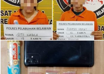 Dua pelaku narkoba jenis sabu yang ditangkap pihak Polres Pelabuhan Belawan. (Foto Ist)