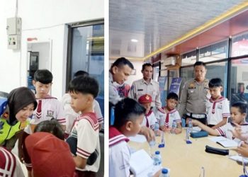Kasat Lantas IPTU Friska Susana SH bersama Kanit Regident IPTU Elon Sitinjak SH menerima kunjungan siswa siswi SD Swasta Kartini Handayani