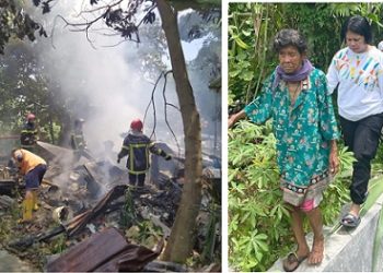 Petugas Damkar saat memadamkan kobaran api dan Kaposlek Siantar Utara AKP Jahrona Sinaga SH saat bersama korban Jetti Mawati boru Napitupulu 
