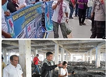 Para pedagang Pajak Horas saat asi demo dan Gubsu Bobby Nasution saat meninjau kawasan Pajak Horas yang terbakar. (Foto Ist)