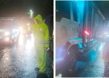 Personil Sat Lantas saat Gatur Lalin di Jalan Medan Simpang Kapok