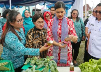Ketua TP PKK Provinsi Sumut Ny Kahiyang Ayu Bobby Nasution didampingi Ketua TP PKK Ny Liswati Wesly Silalahi meninjau Evaluasi Lomba Amalkan dan Kukuhkan Halaman Aku Hatinya PKK Tingkat Provinsi Sumut Tahun 2025 di Kelurahan Suka Maju Kecamatan Siantar Marihat Kota Pematangsiantar