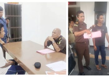 Penyidik Unit Jatanras Sat Reskrim saat serahkan tersangka Johan Ardiansyah Sitorus alias Johan ke Kantor Kejari Pematangsiantar