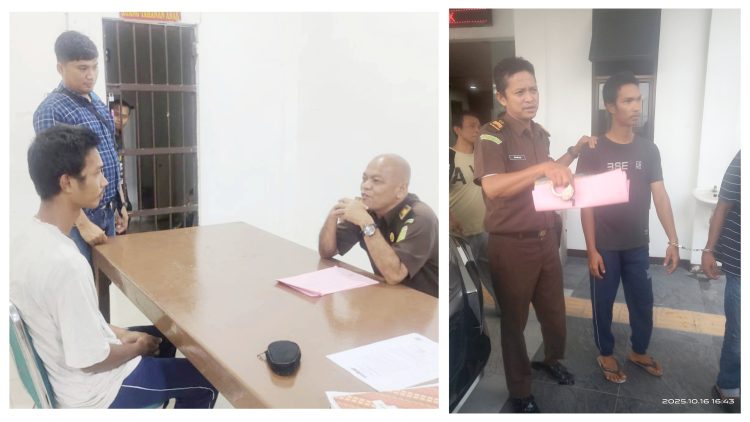 Penyidik Unit Jatanras Sat Reskrim saat serahkan tersangka Johan Ardiansyah Sitorus alias Johan ke Kantor Kejari Pematangsiantar