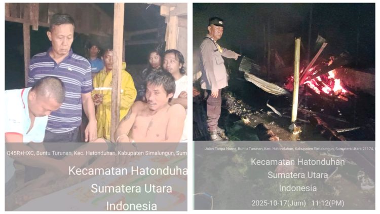 Kapolsek Tanah Jawa Kompol Asmon Bufitra SH. MH interogasi pelaku Jumadi Sirait dan kondisi dua unit rumah hangus terbakar