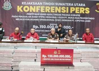 Kejati Sumut Sita uang Rp150 miliar diduga hasil tindak pidana korupsi kasus penjualan aset PTPN I Regional I oleh PT Nusa Dua Propertindo (NDP) melalui kerja sama operasional (KSO) dengan PT Ciputra Land. (Foto Ist)
