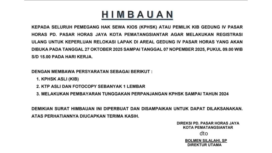 PD PHJ Imbau Pemilik Kios Gedung IV Pasar Horas Segera Lakukan Registrasi untuk Relokasi