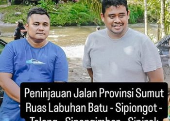 Foto Bobby Nasution-Topan Obaja Ginting saat meninjau jalan provinsi ruas Hutaimbaru–Sipiongot, Kabupaten Padang Lawas Utara (Paluta) yang ditampilkan dalam persidangan di Pengadilan Tipikor Medan (Foto Ist)