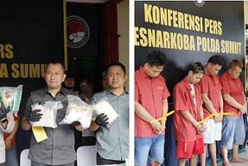 Direktur Reserse Narkoba Polda Sumut, Kombes Pol Jean Calvijn Simanjuntak didampingi Kabid Humas Kombes Pol Ferry Walintukan saat konferensi pers 