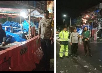 Bhabinkamtibmas Polsek Siantar Aiptu Welinton Nababan dan Bripka Surya Darma patroli di eks Gedung IV Pasar Horas dan sambangi para pedagang