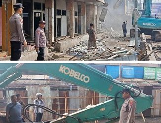 IPDA Revanto Barasa SH, AIPTU Edi Syahputra, AIPDA A. Sinulingga, AIPA Saut M. Tua Manurung dan BRIPKA Ricky Van Fauzy menggelar patroli kegiatan pembongkaran Gedung IV Pasar Horas