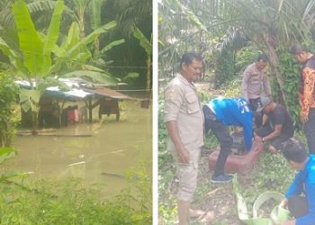 Bhabinkamtibmas Kelurahan Sumber Jaya AIPTU Ramses M. Tambunan ikut membantu penompaan air yang genangi rumah warga