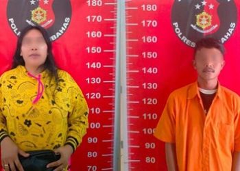 Dua tersangka kasus dugaan eksploitasi dan perdagangan anak di bawah umur yang terjadi di salah satu cafe di Desa Sosorgonting, Kecamatan Doloksanggul. (Foto Ist)