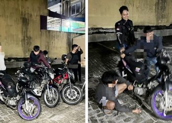 Timsus Dayok Mirah saat menyuruh pengendara sepedamotor membuka knlapot brong masing masing