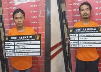 Dua pelaku rayap besi milik Dishub Kota Medan yang ditangkap Polsek Medan Baru.Foto Ist